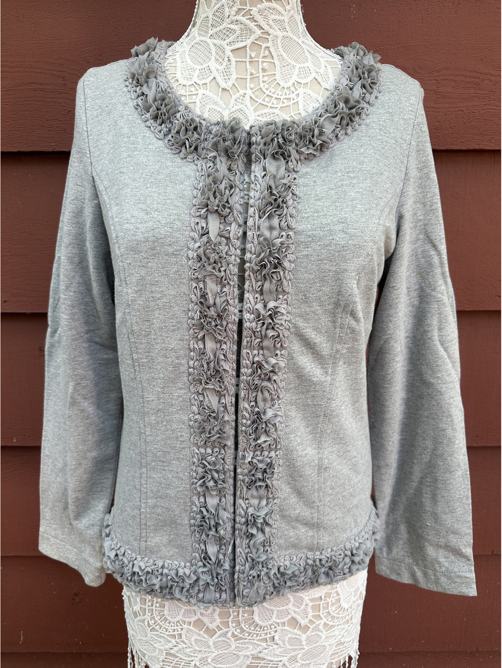 Nick and Mo Gray Cotton Ruffle Trim Cardigan Fairycore Y2K Vintage Style